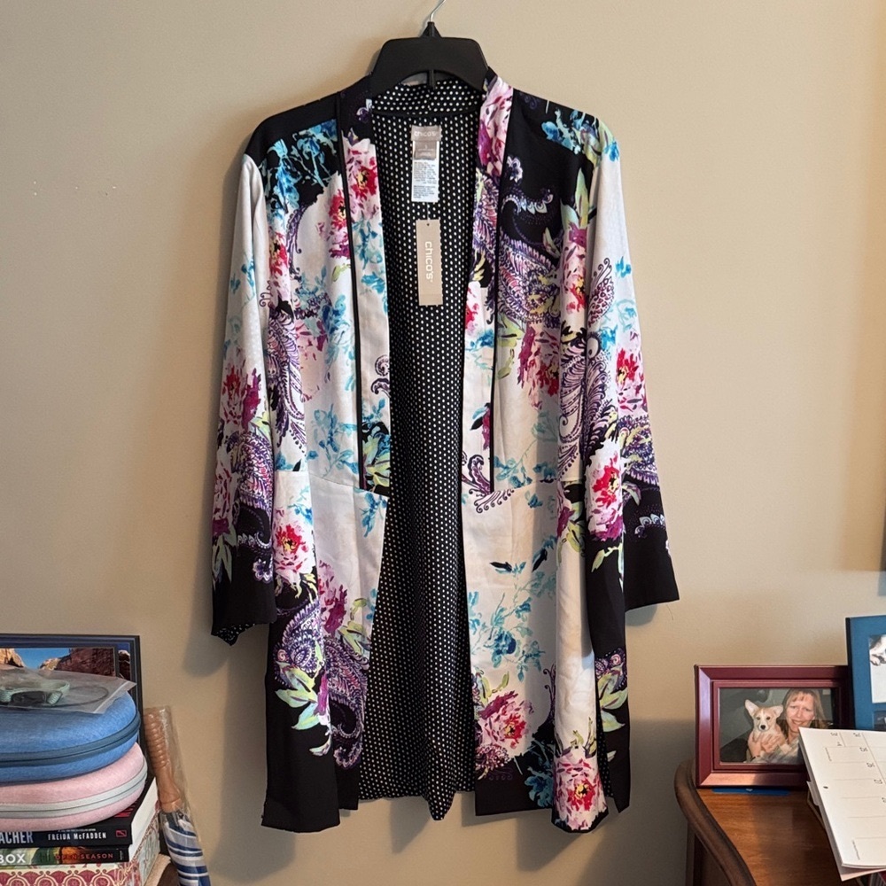 Chico's Floral Duster with Black and White Polka Dot Lining